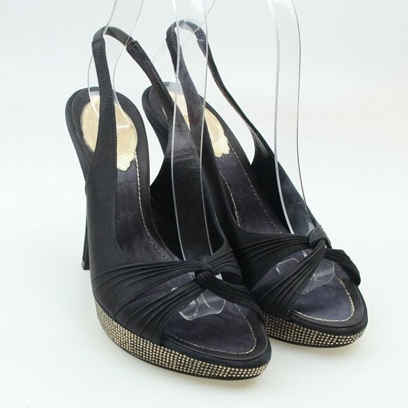 Rene Caovilla Black Satin Crystal Jewel Heels - Picture 3 of 12